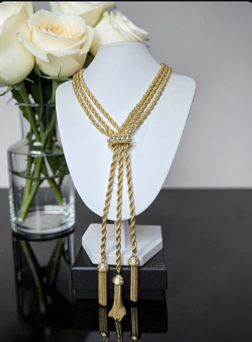 18k Gold Plated Chunky Twisted Triple Rope Chain Crystal Slider Tassel Necklace